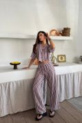 ÇİZGİLİ CROP GÖMLEK - SALAŞ PANTOLON TAKIM MODAL - Bordo resmi